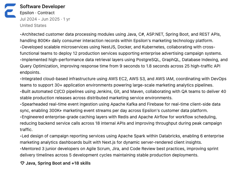 A LinkedIn experience entry with an extremely long description