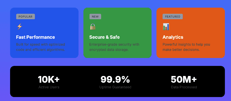 A portfolio with colorful feature cards and large statistics