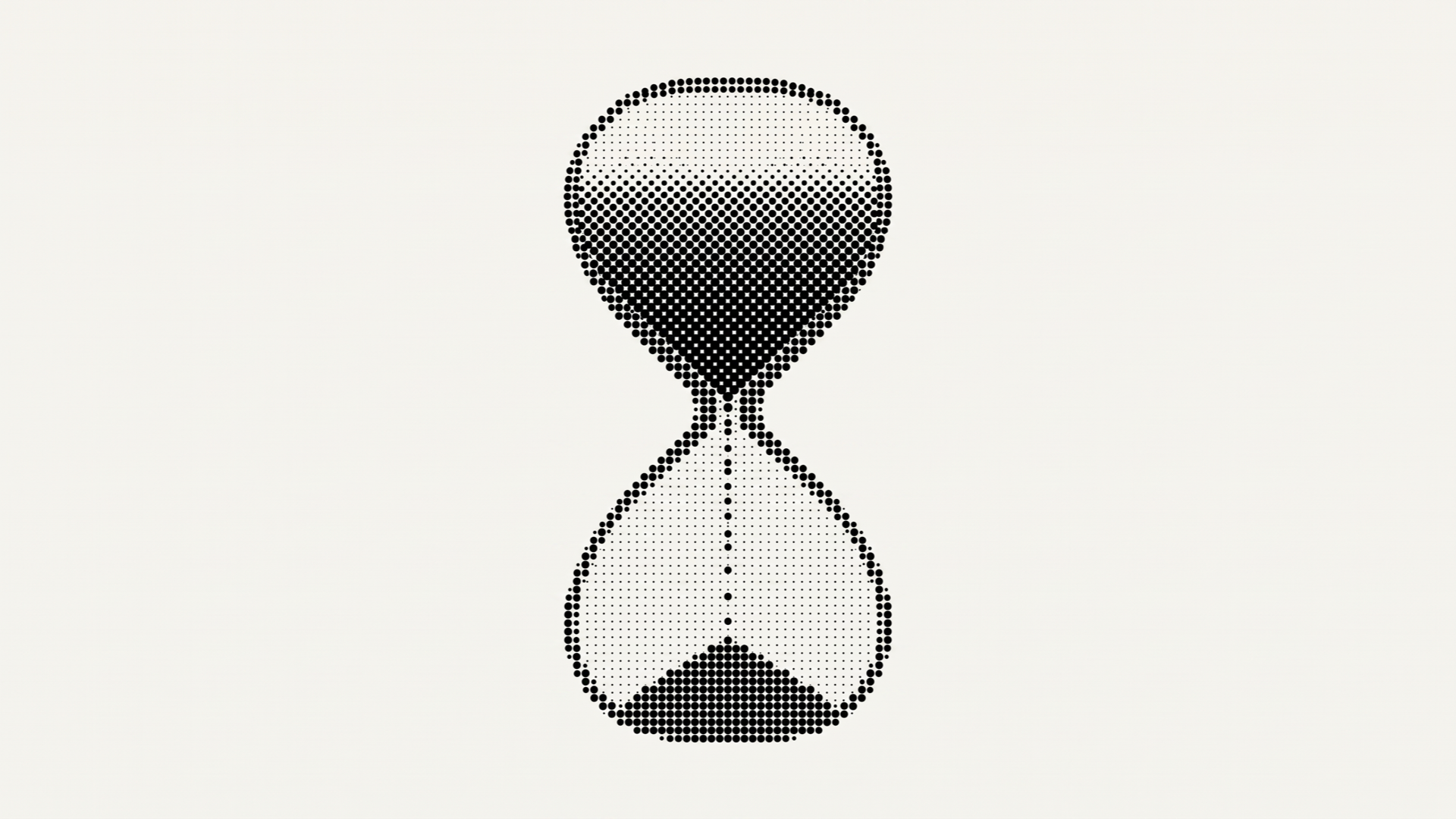 A black halftone hourglass, its top bulb packed full and only a thin trickle of dots passing through the neck into a nearly empty bottom.